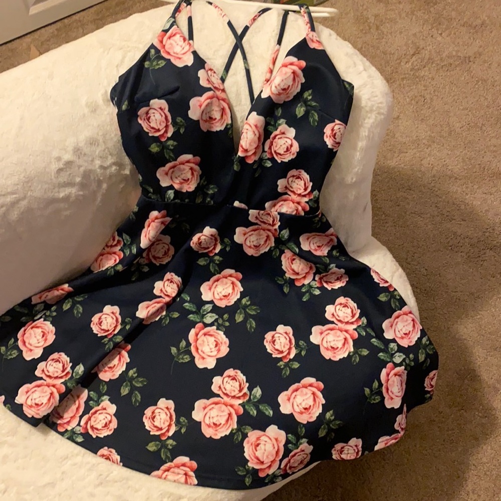 Medium cute floral and flowy dress with plunging neckline